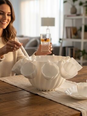 Vintage Hazel Atlas milk glass Punch Bowl with 7  Hanging Cups